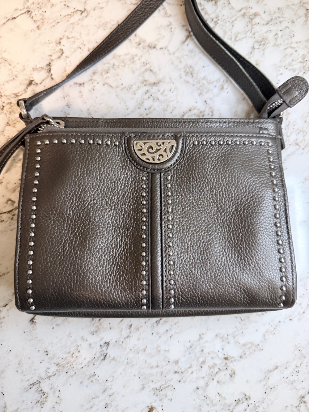 Brighton Pretty Tough Jagger Studded Crossbody Organizer Bag in Pewter Leather